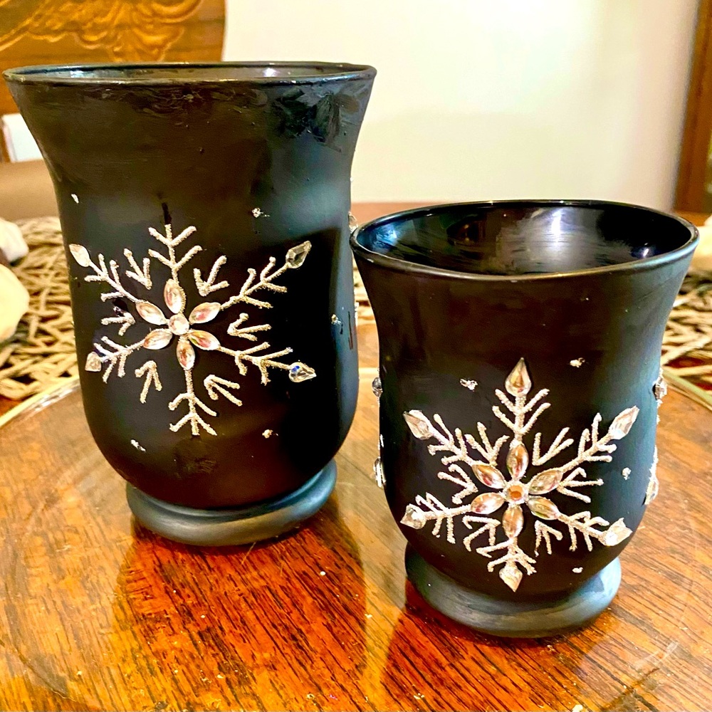 Set of 2 black glass silver glitter rhinestone candle holder festive decor.